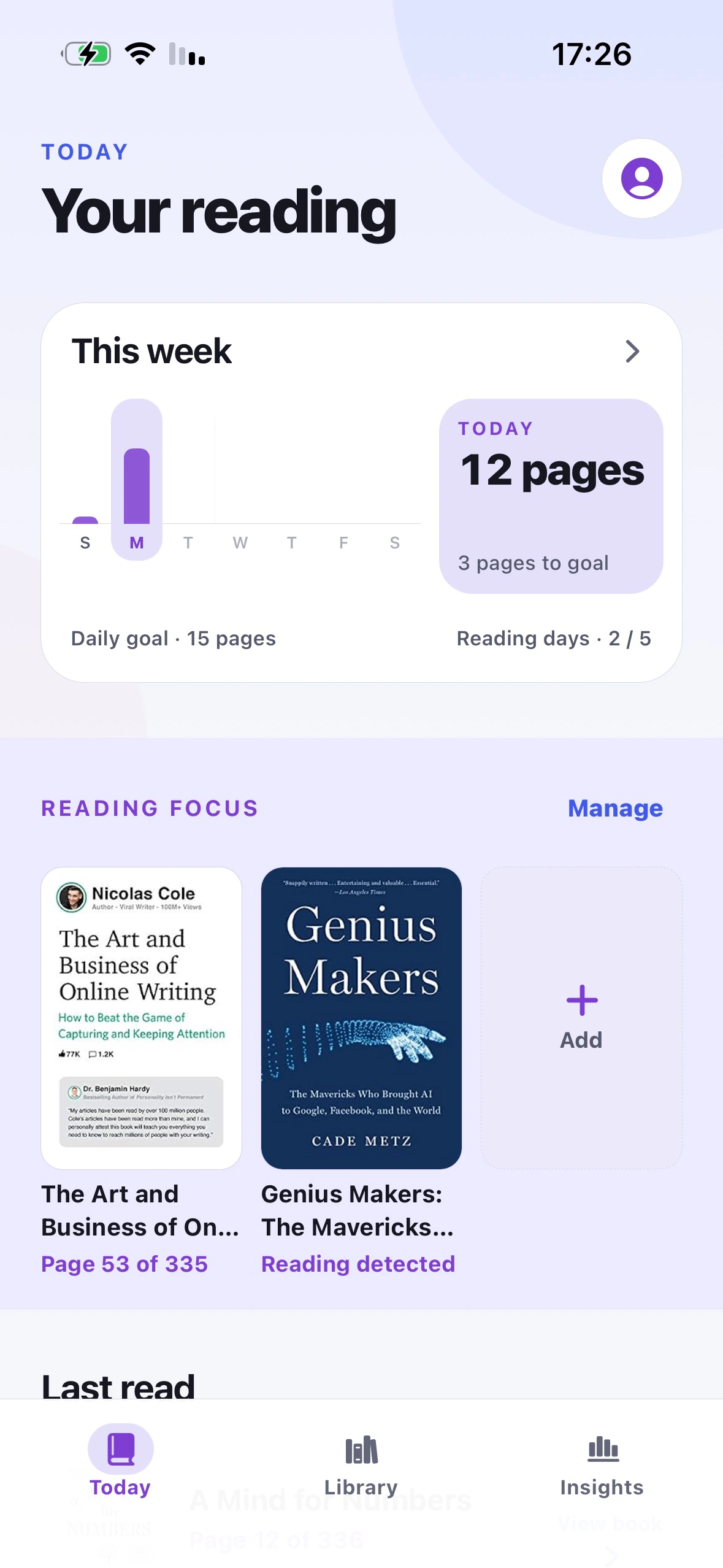EverRead Home: Weekly reading activity, Reading Focus, and Last read